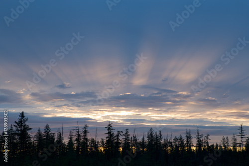 Radial rays of the setting sun. Indigirka shore. Yakutia. Russia.