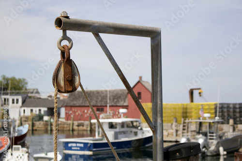 Rustic pulley and rope in Rockport Harbor, Massachusetts