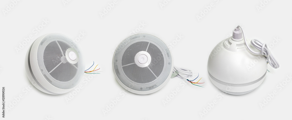 Three white spherical loudspeakers Three white spherical loudspeakers
