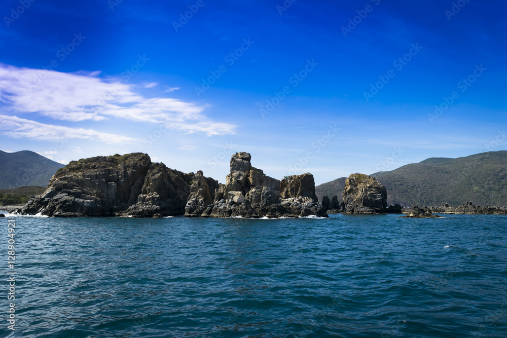 Scenic view of sea and rock islands in Vietnam landscape ocean