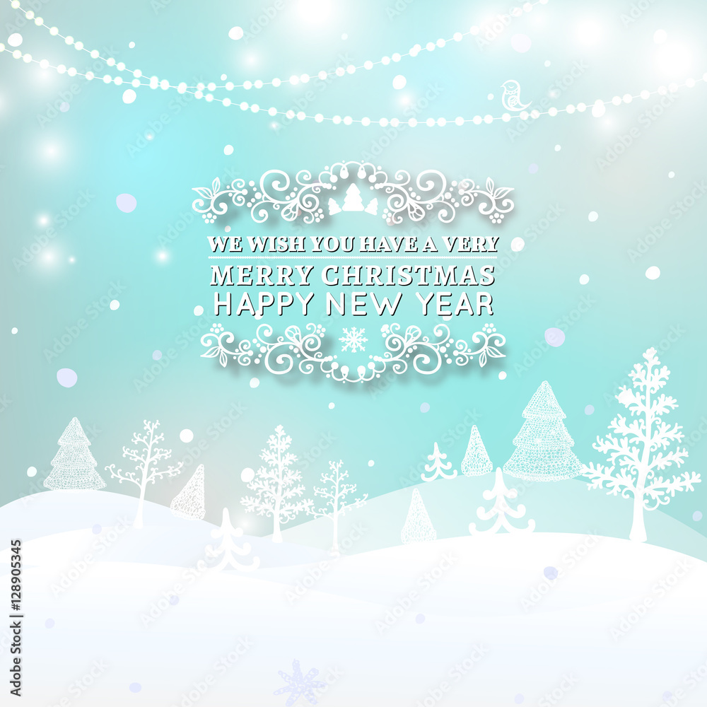 Merry Christmas Landscape, Christmas greeting card light vector background. Merry Christmas holidays wish design and garlands decoration. Happy new year message. Vector illustration.