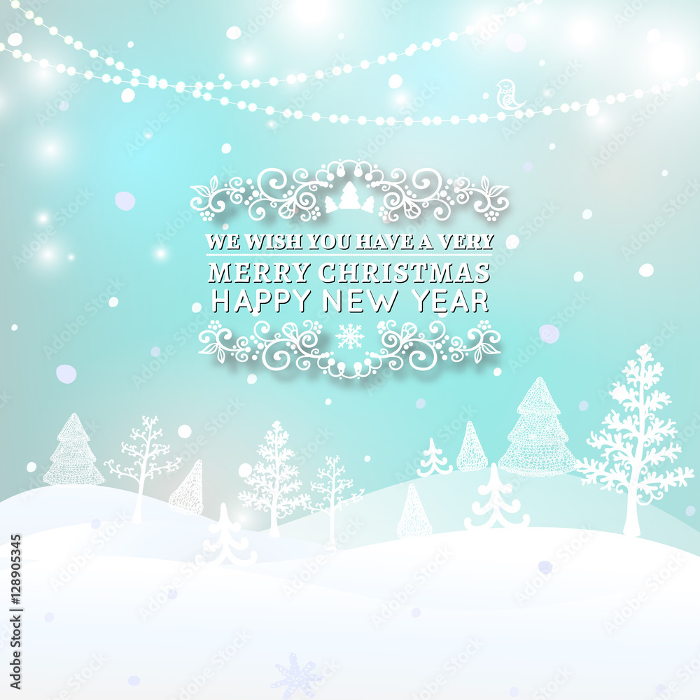 Merry Christmas Landscape, Christmas greeting card light vector background. Merry Christmas holidays wish design and garlands decoration. Happy new year message. Vector illustration. Merry Christmas Landscape, Christmas greeting card light vector background. Merry Christmas holidays wish design and garlands decoration. Happy new year message. Vector illustration.