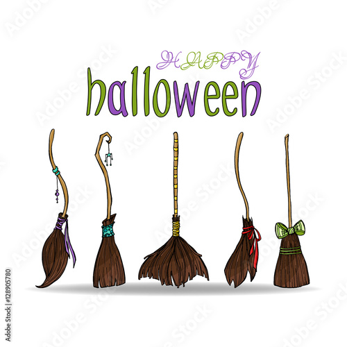 Happy halloween card with different cute witch brooms.