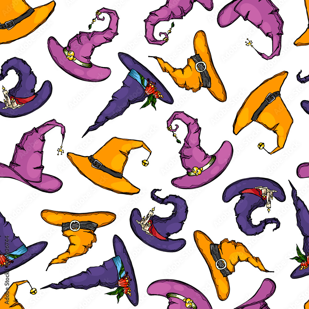 Seamless pattern made of hand drawn cute cartoon witch hats. vector de ...
