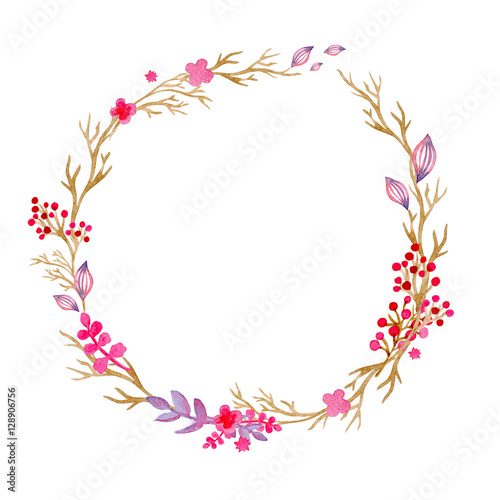 Hand drawn illustration - watercolor wreath. Christmas Wreath with flowers, berries. Perfect for invitations, greeting cards, quotes, blogs, Wedding frames, posters and more