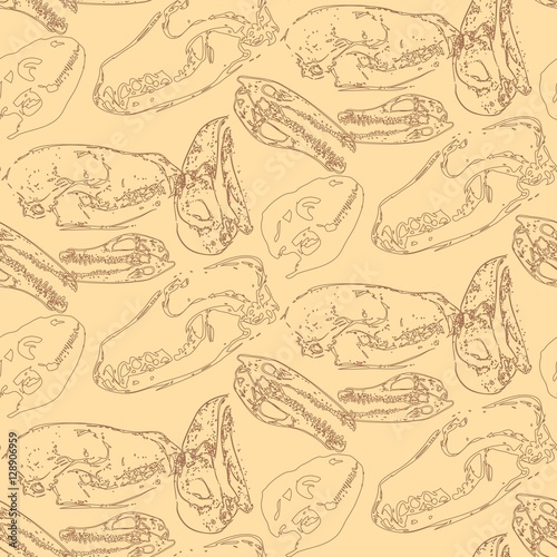 Seamless paleontology pattern with chaotic fossil bones of skulls in pale yellow colors as ornament on cave walls. Vector illustration