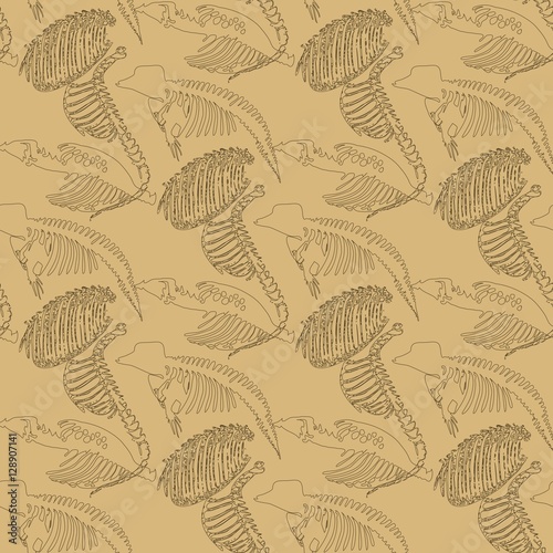 Seamless paleontology pattern with chaotic fossil bones of ribs and skeletons in beige colors as ornament on cave walls. Vector illustration