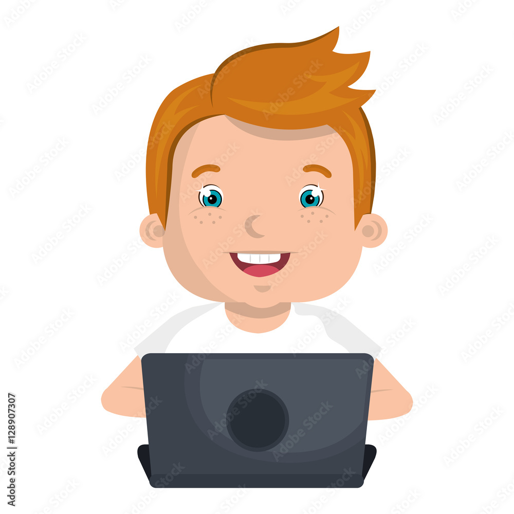 little kid online with laptop vector illustration design
