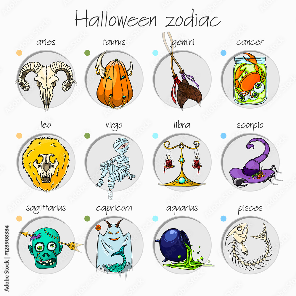 Colorful and funny halloween zodiac signs. All elements. Stock Vector