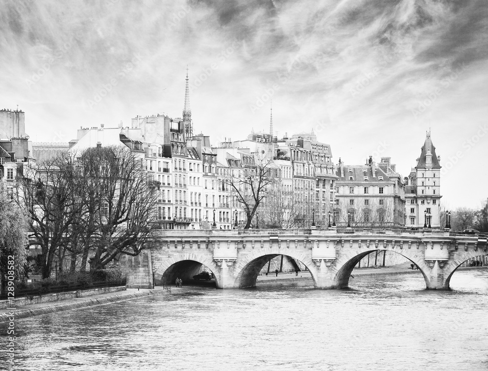 Fototapeta premium Pont Neuf in central Paris, France. The Pont Neuf is the oldest standing bridge across the river Seine in Paris. Black and white. noise added