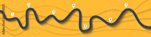 Road trip and Journey route. Winding Road on a Colorful Background with pin pointer. Vector EPS 10