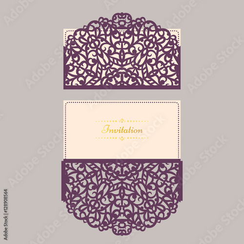 Wedding invitation or greeting card with abstract ornament. Vector envelope template for laser cutting. Paper cut card with silhouette. Cutout silhouette panel. Cutting file