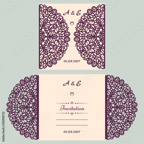 Die cut wedding invitation card template. Paper cut out card with lace. Beautiful laser cut invitation card for wedding. Paper cutouts. Wedding invitation template