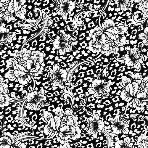 Eclectic fabric seamless pattern. Animal background with baroque ornament.
