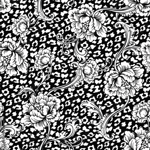 Eclectic fabric seamless pattern. Animal background with baroque ornament.