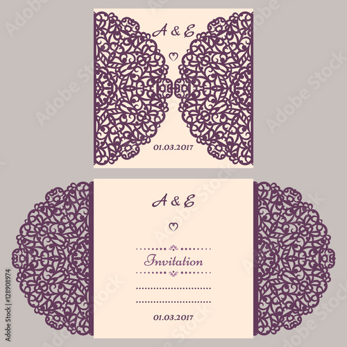 Lazercut vector wedding invitation template. Wedding invitation envelope for laser cutting. Lace gate folds.Lazer cut vector
