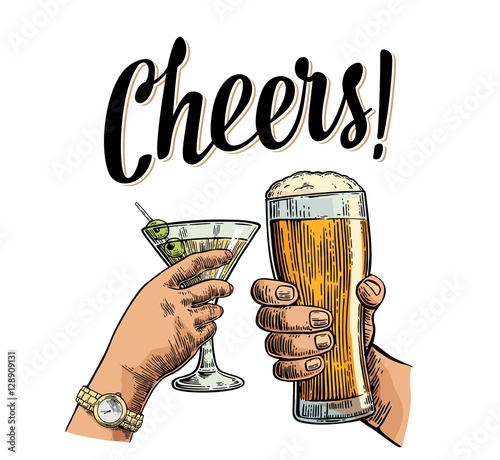 Hands holding and clinking two glasses with beer and cocktail.