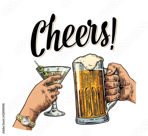 Hands holding and clinking two glasses with beer and cocktail.