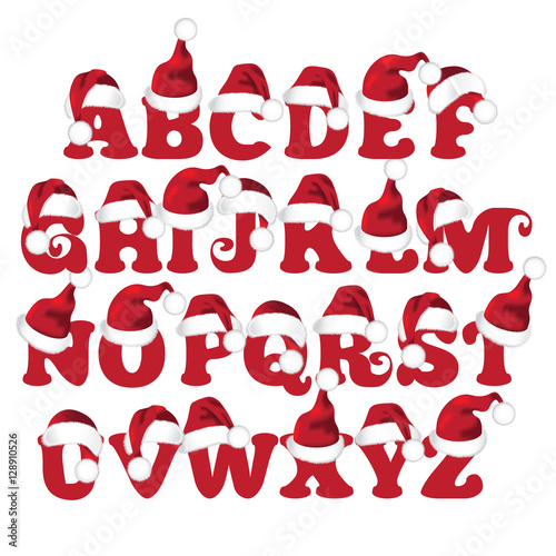 Santa Claus cartoon hat font alphabet for Christmas designs. Capital letters A through Z. EPS 10 vector.