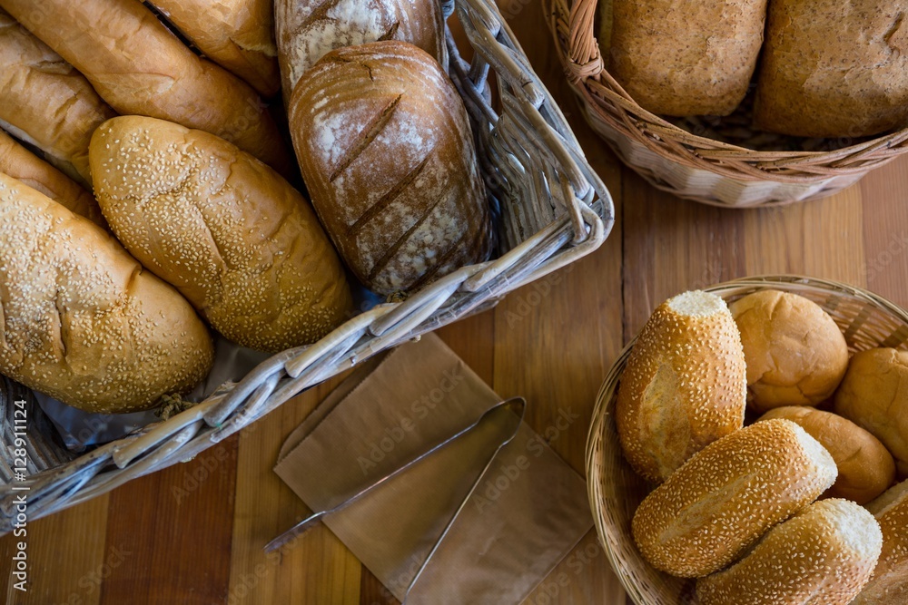 Close-up of various breads on display counter