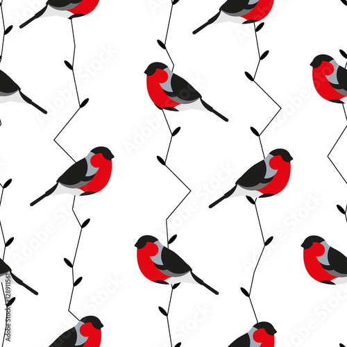 Seamless pattern with bullfinch and branches. Ornament for textile and wrapping. Vector background.