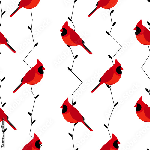 Seamless pattern with red cardinal and branches. Vector background. © yanabear