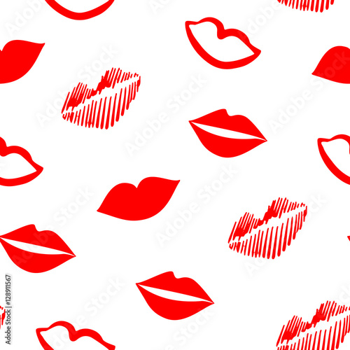 Bright seamless pattern with red lips. Valentines day ornament for textile and wrapping.