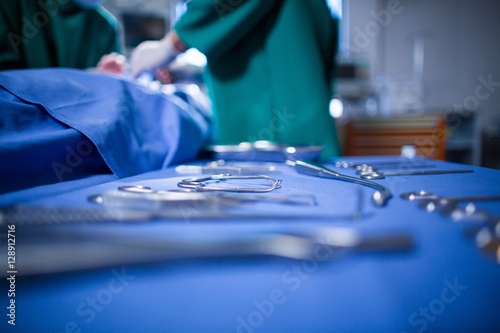 Surgical tools on surgical tray in operation theater photo