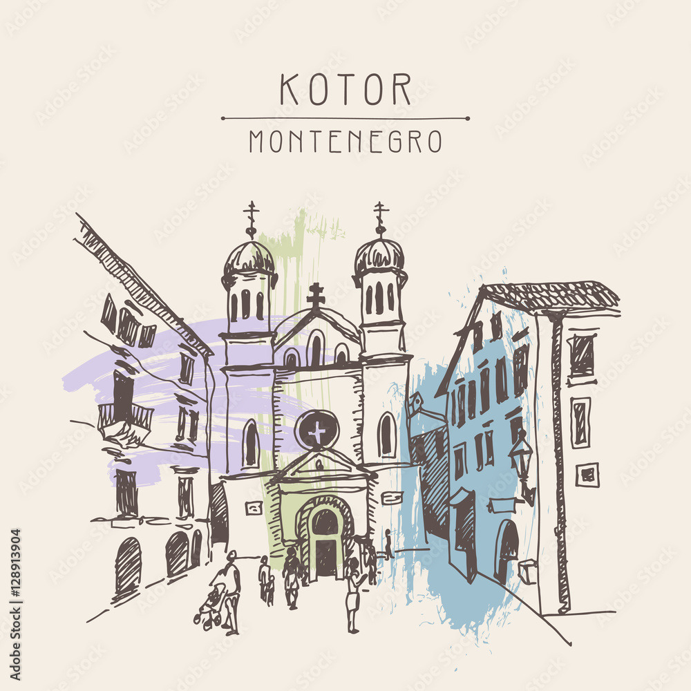 sketch drawing Church of Saint Tryphon in Kotor Montenegro sketch drawing Church of Saint Tryphon in Kotor Montenegro