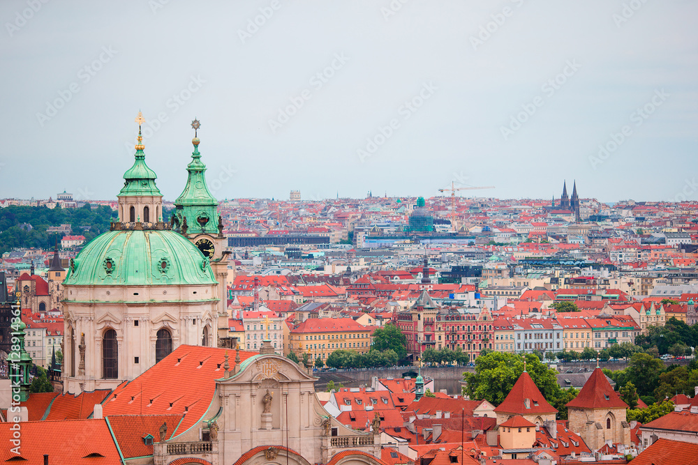Beautiful view of ancient building with red roofs in Prague, Czech Republic