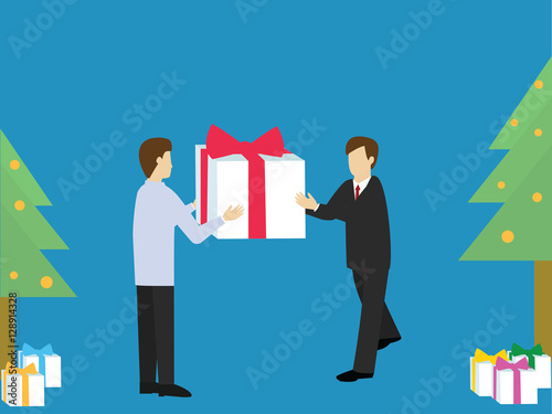 Business men giving a gift box. Christmas and new year concept. Isometric 3d design. vector illustration