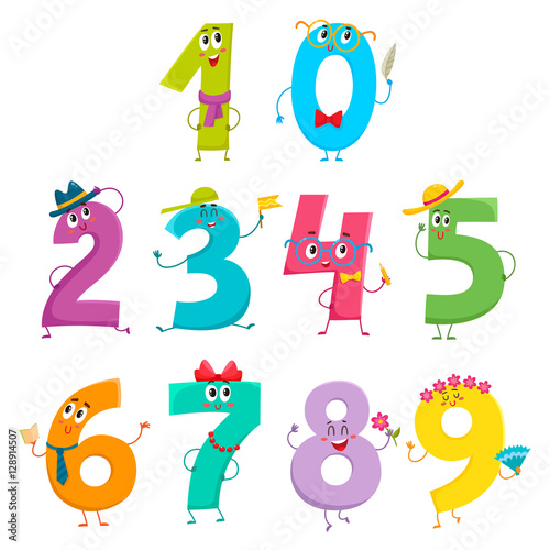 Set of cute and funny colorful number characters, cartoon vector illustration isolated on white background. One, two, three, four, five, six, seven, eight, nine, zero smiling characters, math symbols