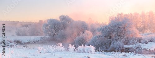 Bright winter sunrise. White frosty trees in Christmas morning.