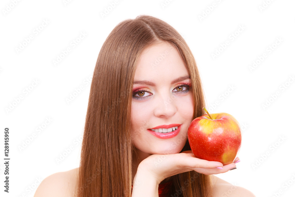 Woman charming girl colorful makeup holds apple fruit Woman charming girl colorful makeup holds apple fruit