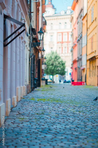 Fototapeta Naklejka Na Ścianę i Meble -  Old beautiful empty narrow streets in small city of Prague in Czech Republic