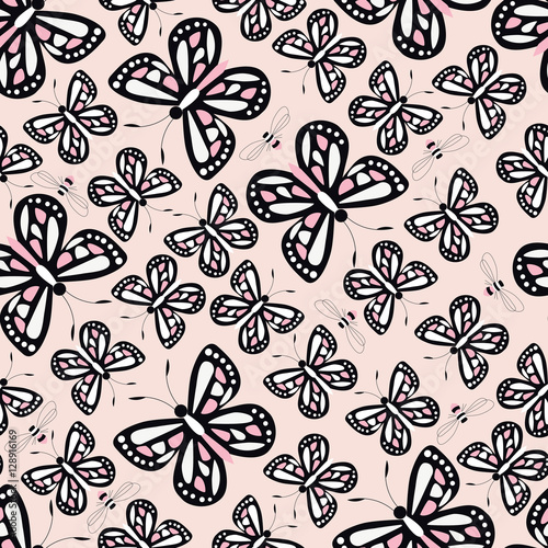 Seamless pattern with colorful butterflies and bees, nature life