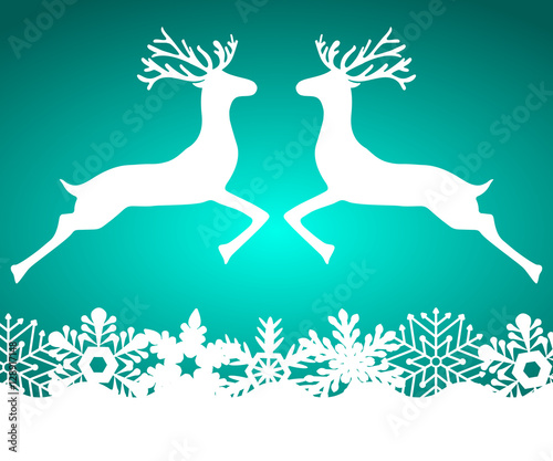 Two reindeer jump to each other on a blue background with snowfl