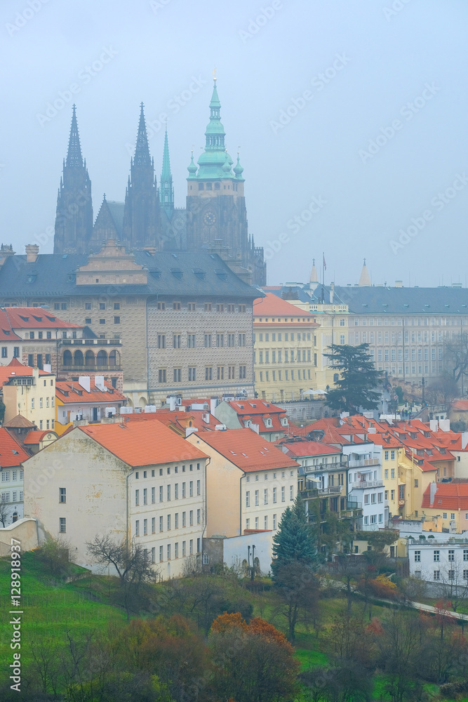 Prague, Czechia - November, 24, 2016: panorama of an old Prague with St. Vitus Cathedral and Prague Castle, Czechia