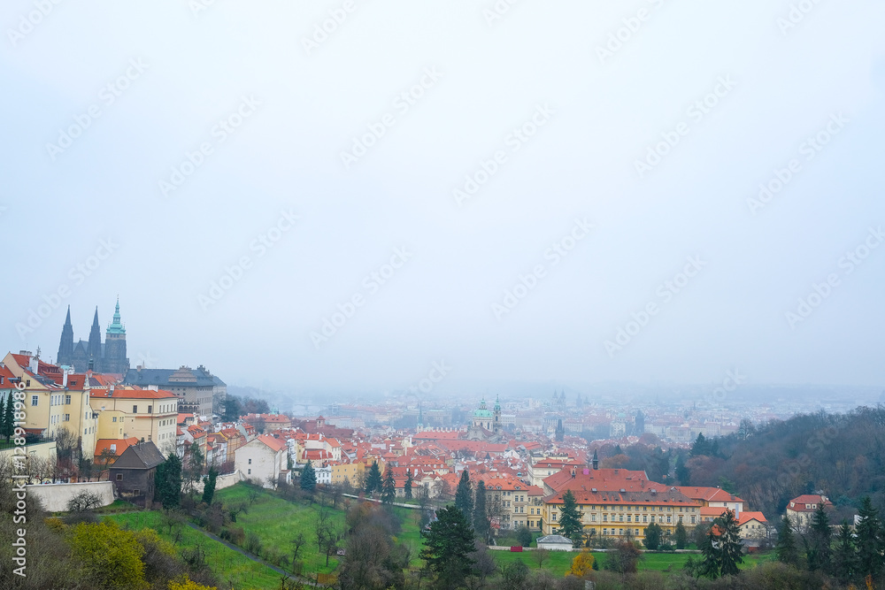 Prague, Czechia - November, 24, 2016: panorama of an old Prague with St. Vitus Cathedral and Prague Castle, Czechia