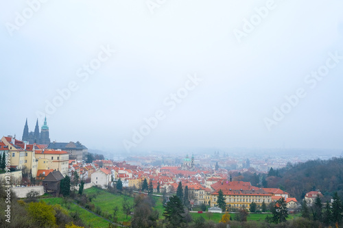 Prague, Czechia - November, 24, 2016: panorama of an old Prague with St. Vitus Cathedral and Prague Castle, Czechia