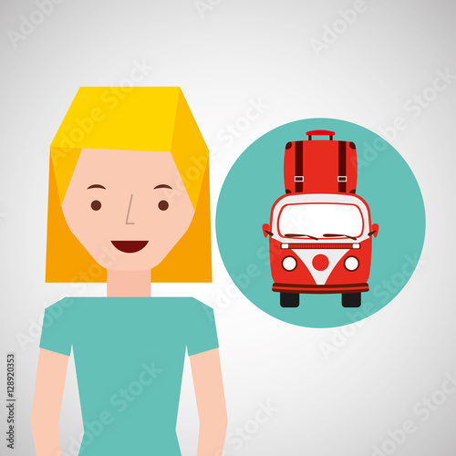 girl tourist traveler van vintage bag vector illustration eps 10