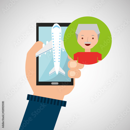 hand holds mobile older man application travel airport vector illustration eps 10