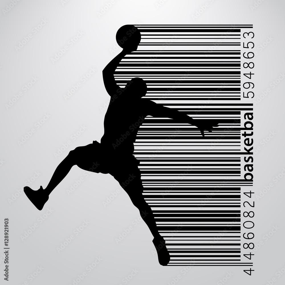 Fototapeta premium Silhouette of a basketball player and barcode.