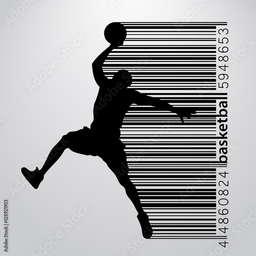 Silhouette of a basketball player and barcode.
