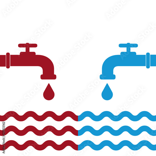 Opened blue and red water faucets with drop and water waves. Flat icon. Cold and hot water. Vector illustration.