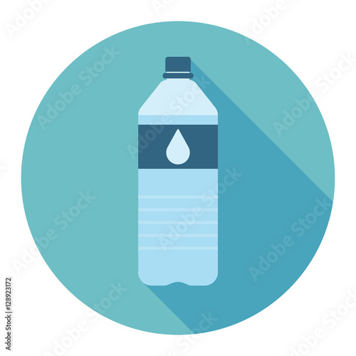 Plastic bottle with water. Small bottle of water. With drop on label. Flat web icon. Vector illustration