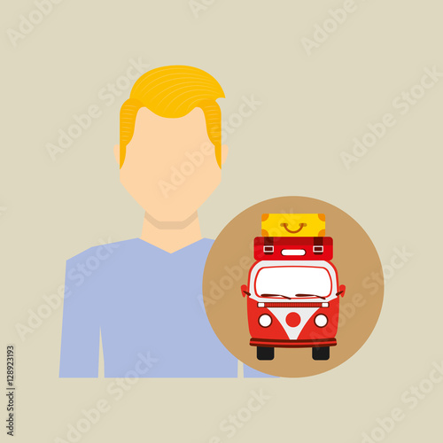 man blond vintage van camper suitcases vector illustration eps 10