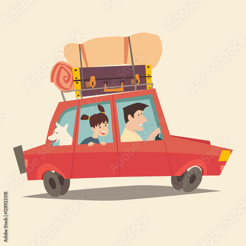 Traveling by car. Happy family summer vacations. Tourism, cartoon character family. Family trip. Travel with dog, flat style vector illustration. Isolated on white background. © coffeee_in