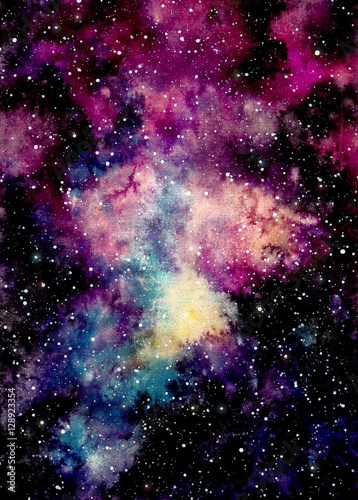 Watercolor Pink and Yellow Nebula and Starry Sky