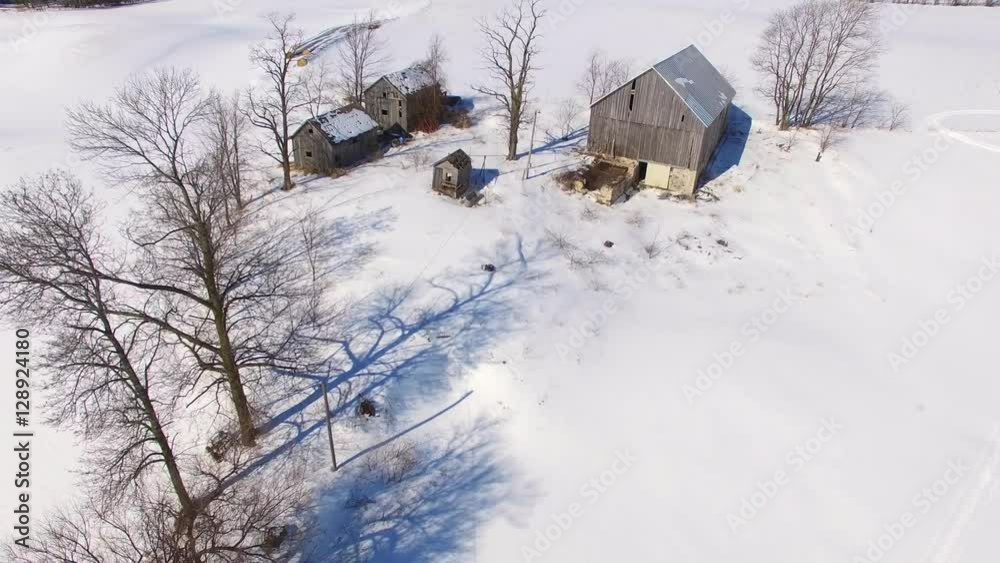 Scenic Winter aerial of abandoned homestead farm buildings
Scenic Winter aerial of abandoned homestead farm buildings